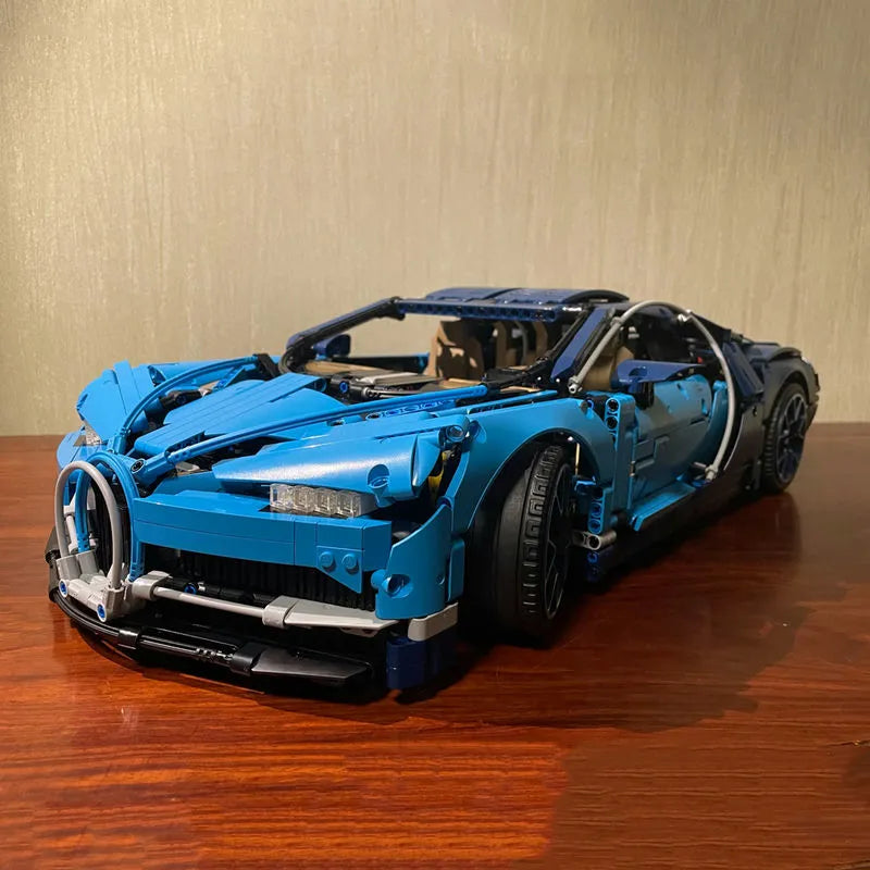 Blue LEGO Technic model of a Bugatti Chiron Racing car for enthusiasts and collectors