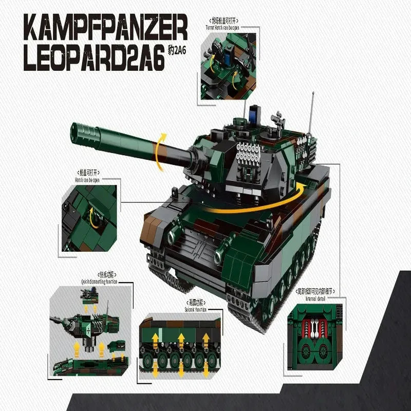 Building Blocks Military WW2 German Kampfpanzer Leopard 2A6 Battle Tank Bricks Toy Construction Set Toys - 3